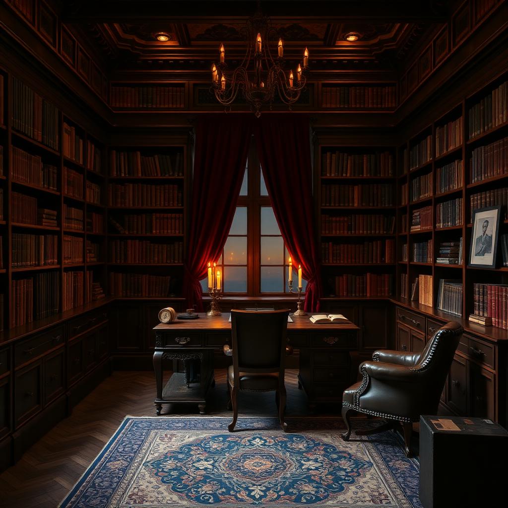 Candlelit library with heavy drapes